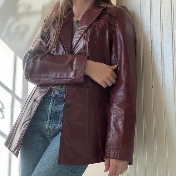 Vintage 1990s Wilsons Belted Red Leather Jacket 10 Y2K Oxblood Matrix Luxury - Picture 1 of 9
